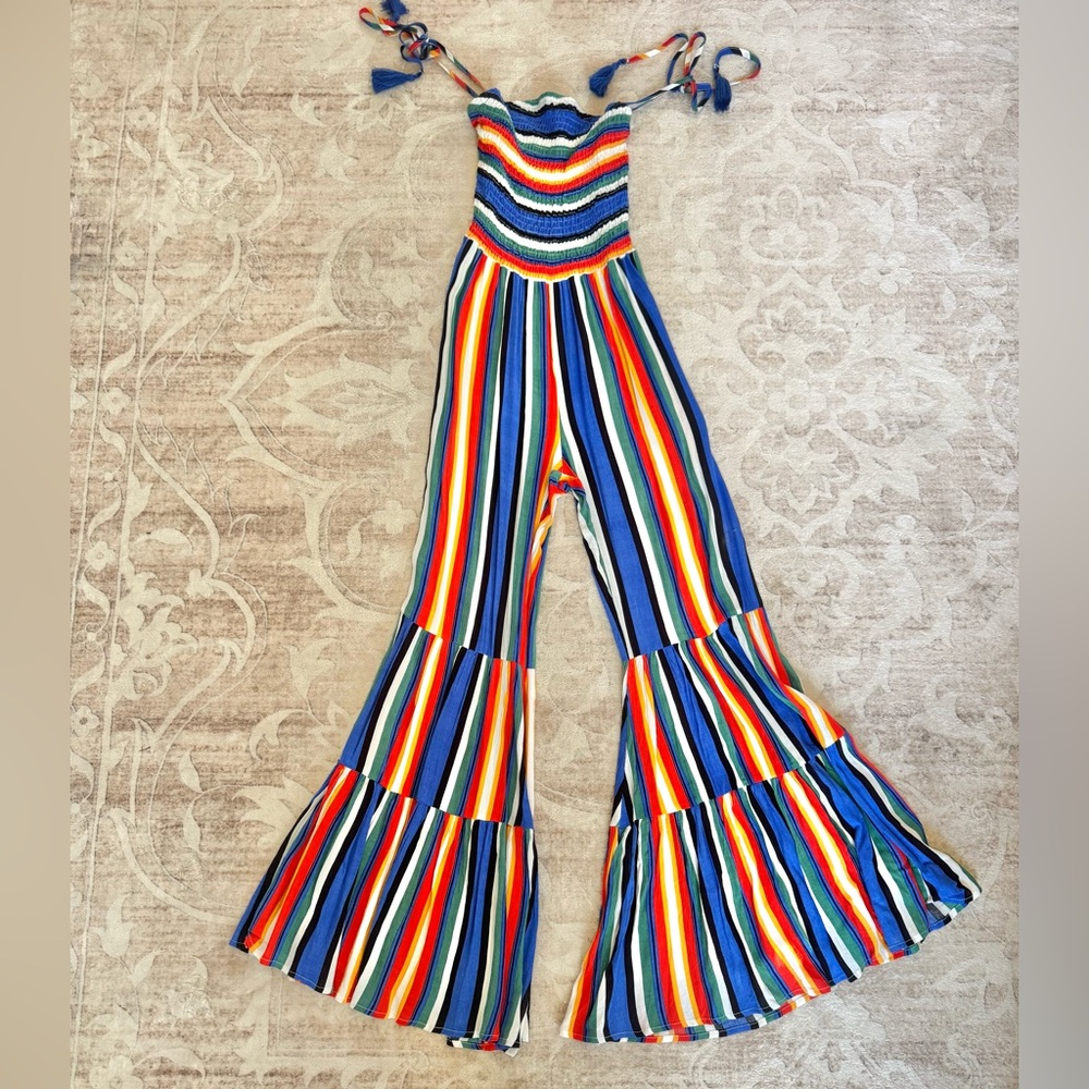 Main Strip Boho Colorful Striped Smocked Jumpsuit - Size M